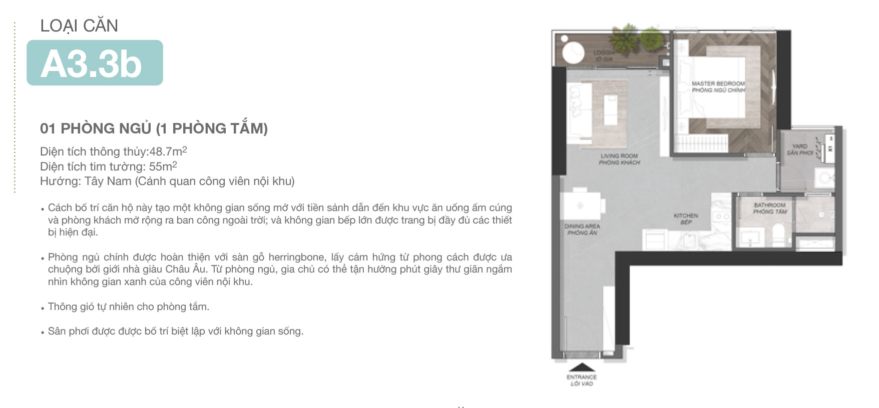 Thiết kế căn hộ 1PN, A3.3b, tháp A5