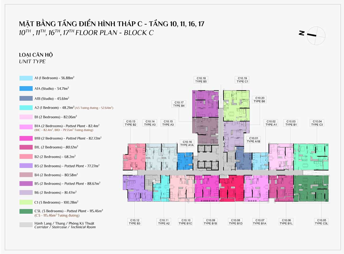 Mặt Bằng Tầng 10,11,16,17 Block C Dự Án Elysian