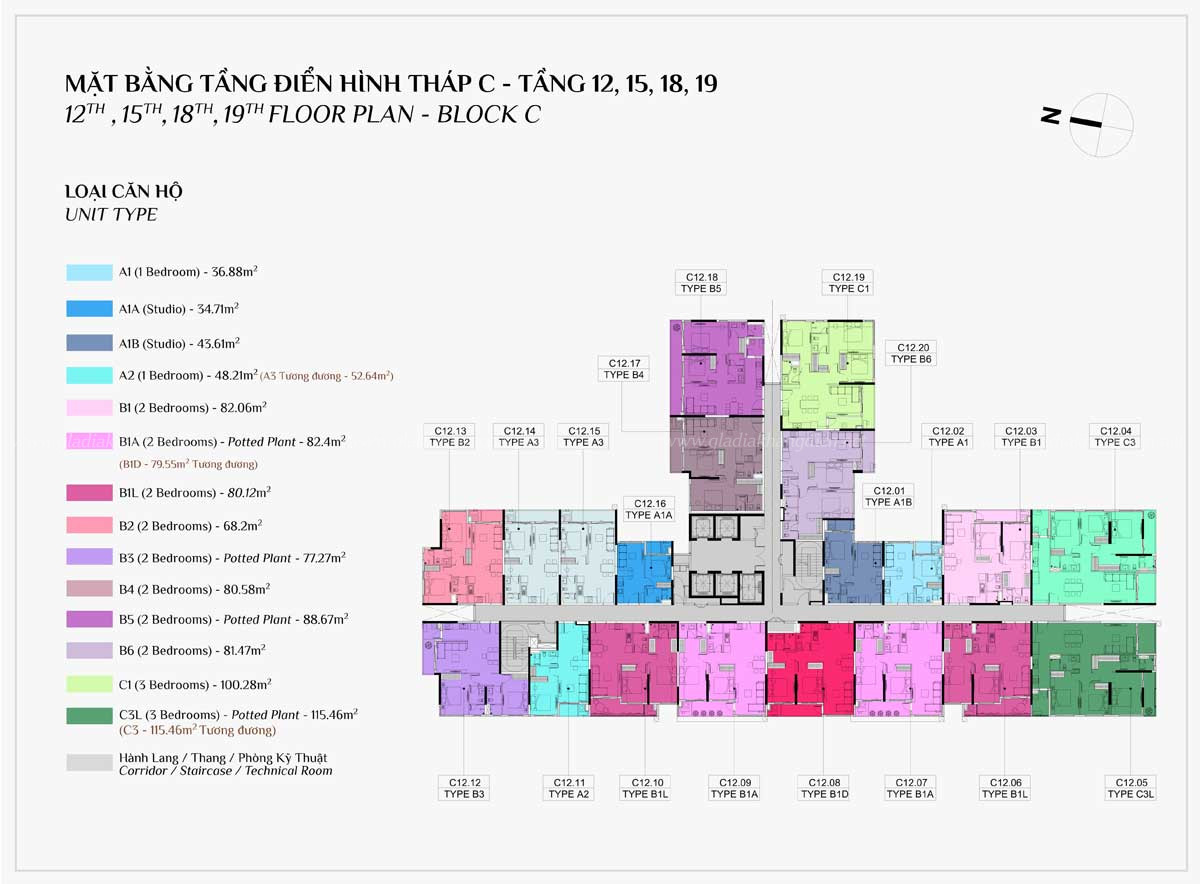 Mặt Bằng Tầng 12,15,18,19 Block C Dự Án Elysian